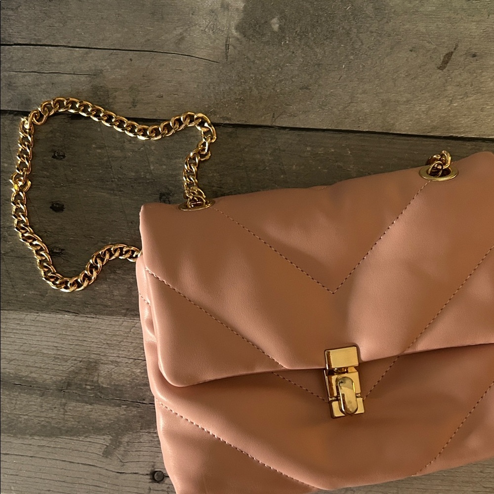 BE COOL Tan Quilted Shoulder Bag with Gold Chain